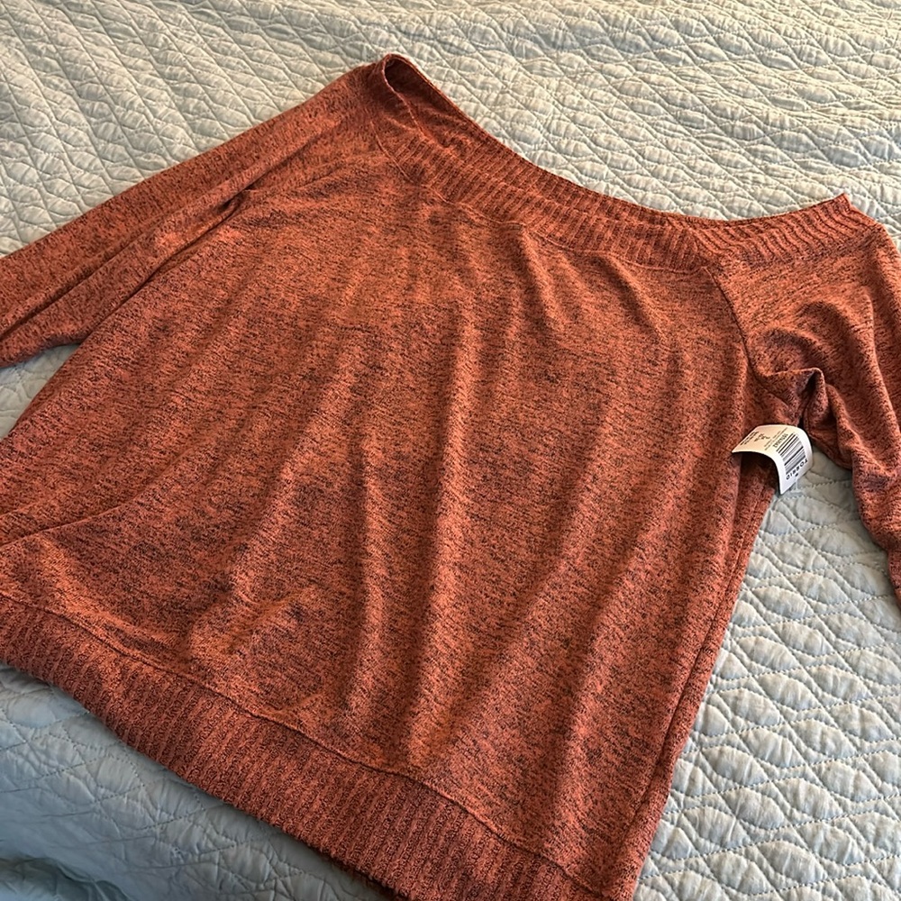 Rust orange super soft off shoulder sweater from Torrid
